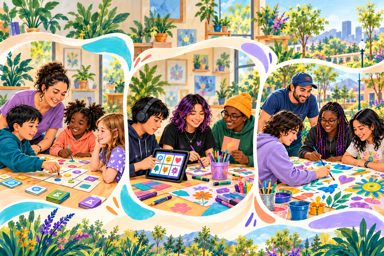 Illustration of children, teens using picture-based communication, and young adults enjoying games and art with recreation instructors